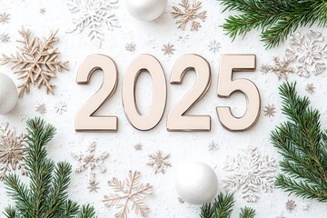 Create a minimalistic New Year postcard with "2025" placed in the upper right corner, leaving ample clean copy space throughout the design. 