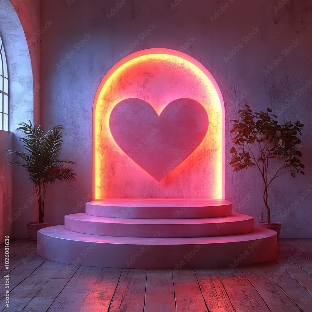 Poster set of 3d podiums pink red and white with a neon heart shape backdrop for valentines day modern geom