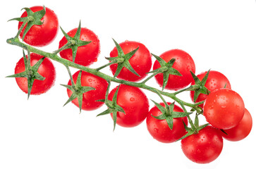 Red cherry tomatoes covered with water drops on branch isolated on white background.