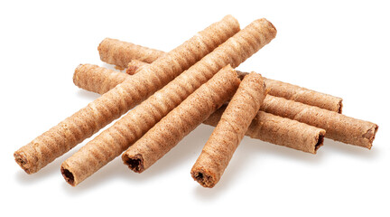 Chocolate waffle rolls isolated on white background.