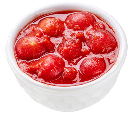 Peeled cherry tomatoes in tomato sauce or juice in white bowl. File contains clipping path.