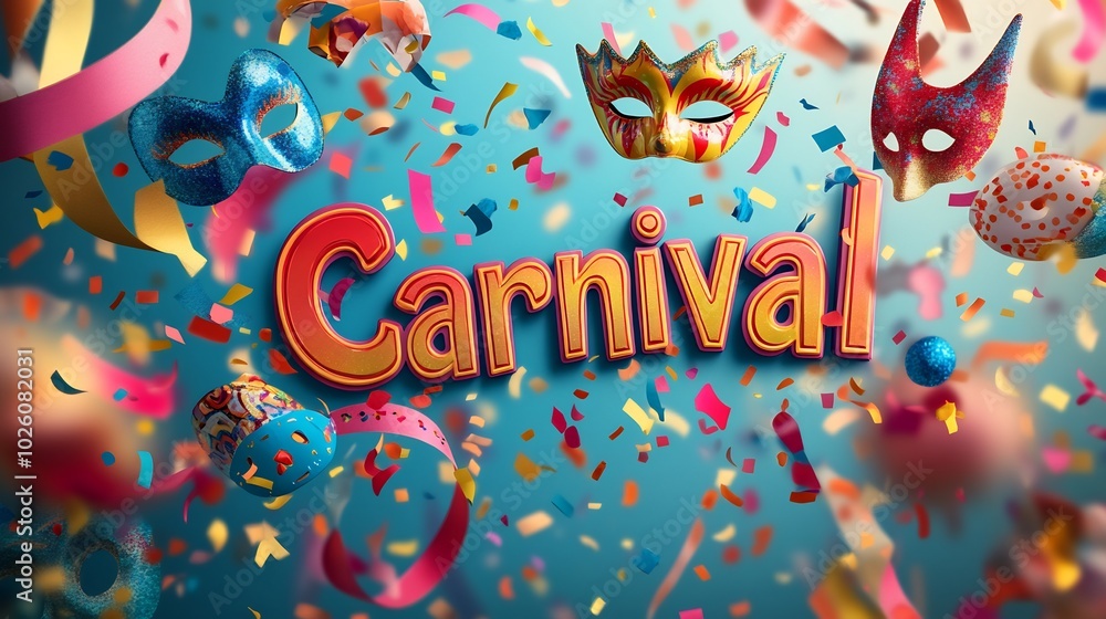 Aufkleber colorful carnival text surrounded playful masks ribbons and confetti with a dynamic gradient backgro
