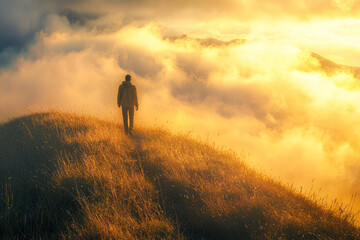 Man walks down hill into cloud.
