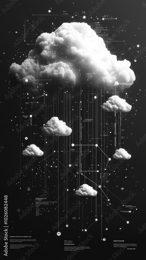 Aufkleber a futuristic digital artwork visualizing interconnected clouds on a dark backdrop, symbolizing advan
