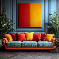 A vibrant living space showcasing a bold orange couch with colorful pillows, lush green plants, and eye-catching wall art.