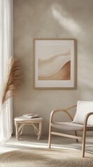 A serene beige room featuring a wooden chair, a framed abstract piece on the wall, and natural lighting streaming in.