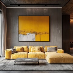 A stylish living room showcasing a vibrant yellow sofa against industrial-style concrete walls and large abstract artwork.