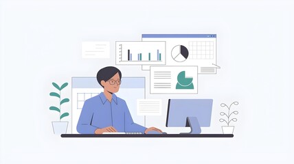 Minimalistic illustration of data analyst with data visualizations on screen, potted plants in the background