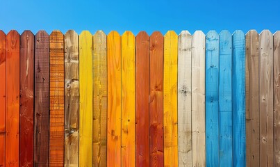 Fototapeta premium A construction wall with colored wood planks arranged against a blue sky background, Generative AI.