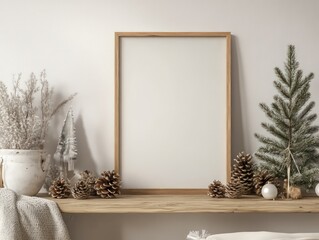 A frame mockup with a thin wooden frame leaning against a wall on a wooden shelf, surrounded by pinecones and small white Christmas decorations.