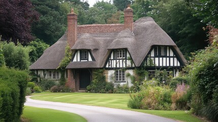 Charming Thatched Cottage Surrounded by Lush Greenery