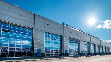 Obraz premium a contemporary industrial warehouse exterior with blue sky and big solar panels, Generative AI.