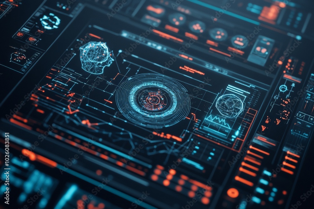 Poster an advanced digital interface filled with data visualization elements and holographic details, repre