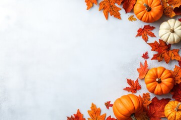 Fall background with orange pumpkins and fall leaves on a light surface 