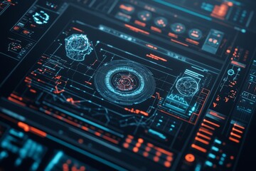 An advanced digital interface filled with data visualization elements and holographic details, representing technology, analysis, and information sophistication.
