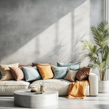 A modern living room with a colorful array of cushions, bathed in sunlight, creating a vibrant and lively ambiance.