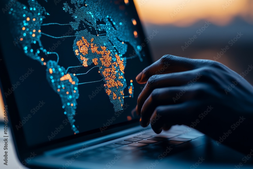 Poster this image illustrates a global digital map displayed on a laptop, highlighting interconnected conti