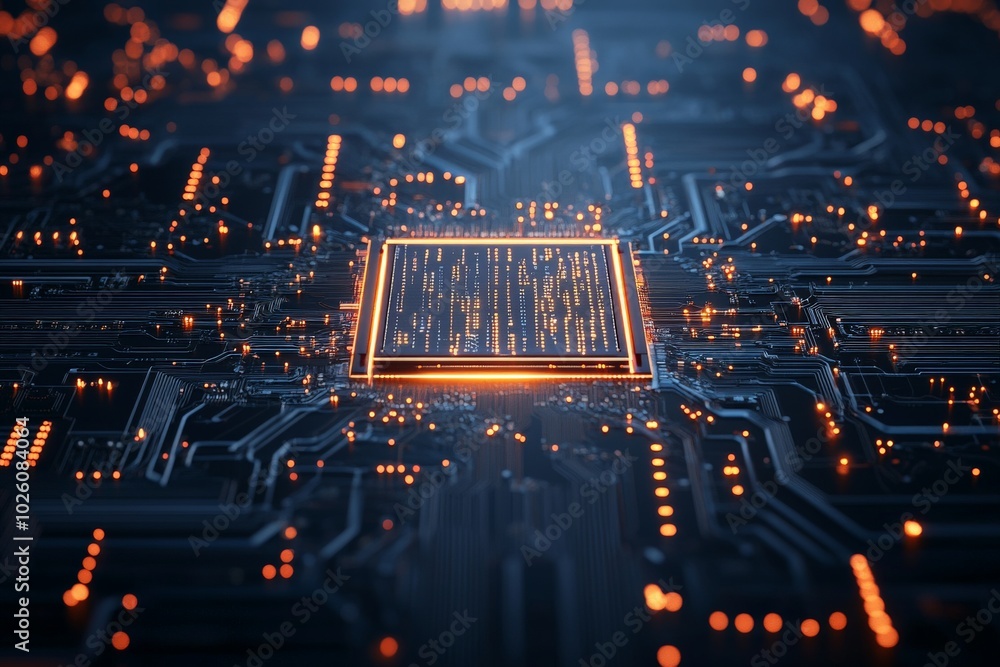 Aufkleber this image showcases a close-up of an intricate circuit board, illuminated with glowing orange light