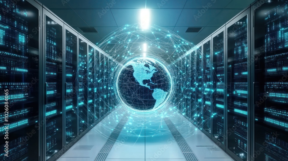 Poster server room with digital globe and network connections