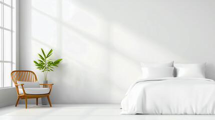 Modern minimalist bedroom with white bedding and a wooden chair by a sunlit window, creating a serene and inviting atmosphere.