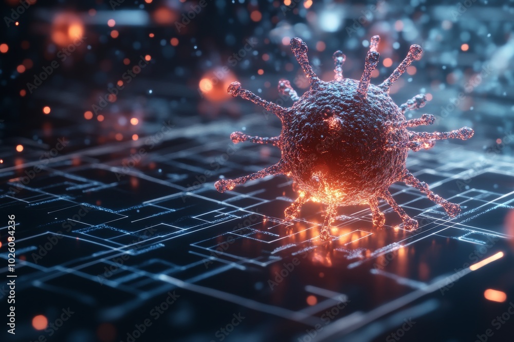 Poster a digital representation of a virus on a circuit board, symbolizing cybersecurity threats and challe