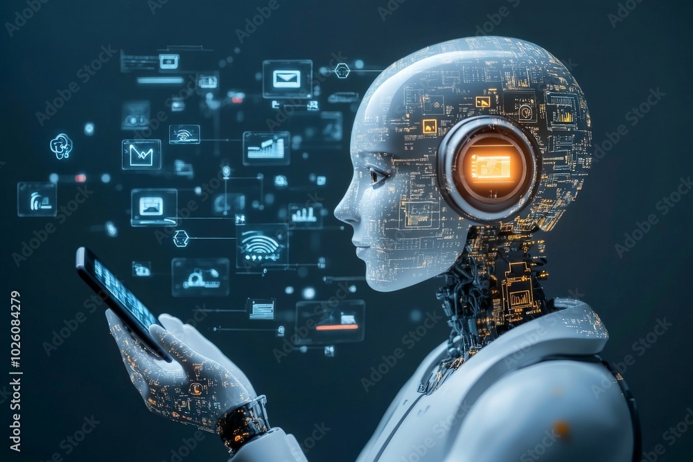 Poster a futuristic humanoid robot using a smartphone amidst floating digital screens, symbolizing advanced