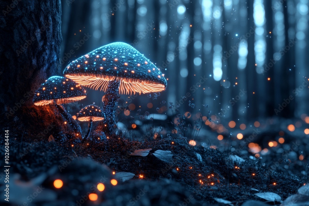 Poster an enchanting scene of luminescent mushrooms in a dark, mystical forest with glowing specks floating