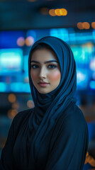 Professional Portrait of a Pretty Muslim Female News Anchor in High-Tech Newsroom with LED Lighting, Shot on Canon R6 Camera
