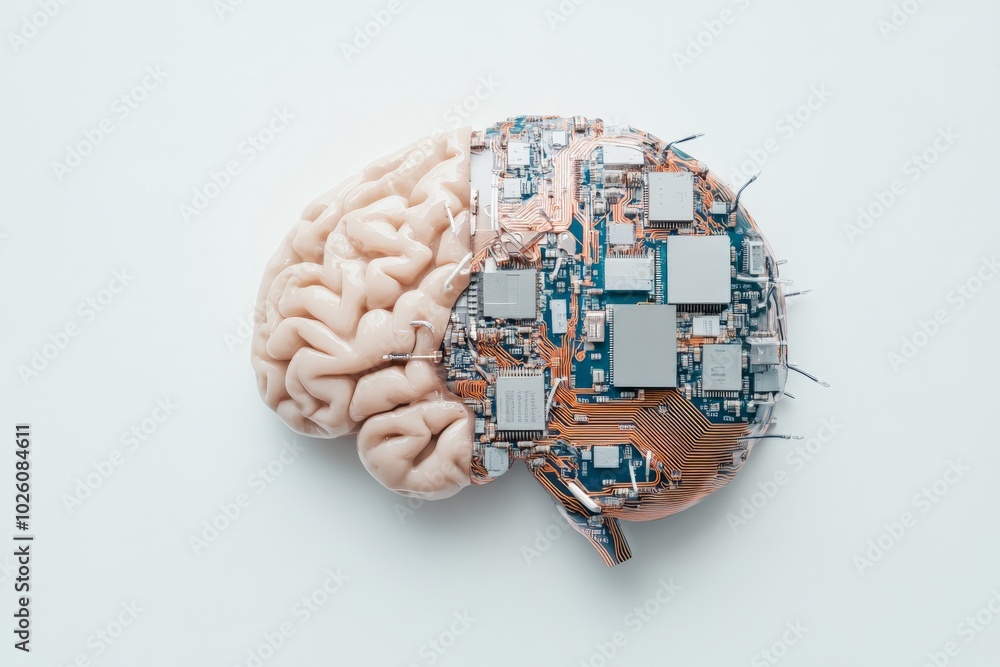 Poster an artistic rendering of half organic brain and half digital circuit, illustrating the convergence o