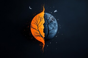 A captivating artwork shows a split image of a sun and moon with trees silhouetted against both, epitomizing duality and the balance of day and night.