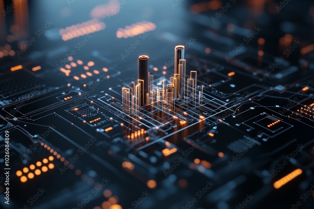 Poster an abstract digital cityscape constructs itself from neon-lit circuit paths, suggesting a futuristic