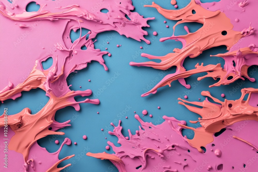 Poster vibrant pink and peach paint splashes create dynamic abstract art on a blue canvas, capturing fluidi