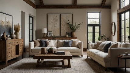 Fototapeta premium A spacious living room with large windows, a white sofa, a wooden coffee table, and a beige rug.