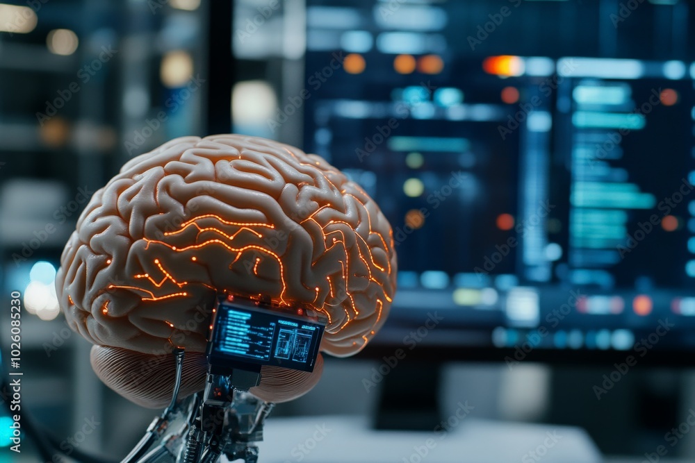 Poster a digital brain model illuminates with glowing lines, symbolizing neural connectivity, situated in a