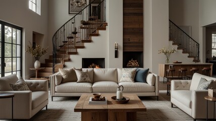 Fototapeta premium A spacious living room with a white sofa, a coffee table, a fireplace, and a staircase leading to the upper floor.