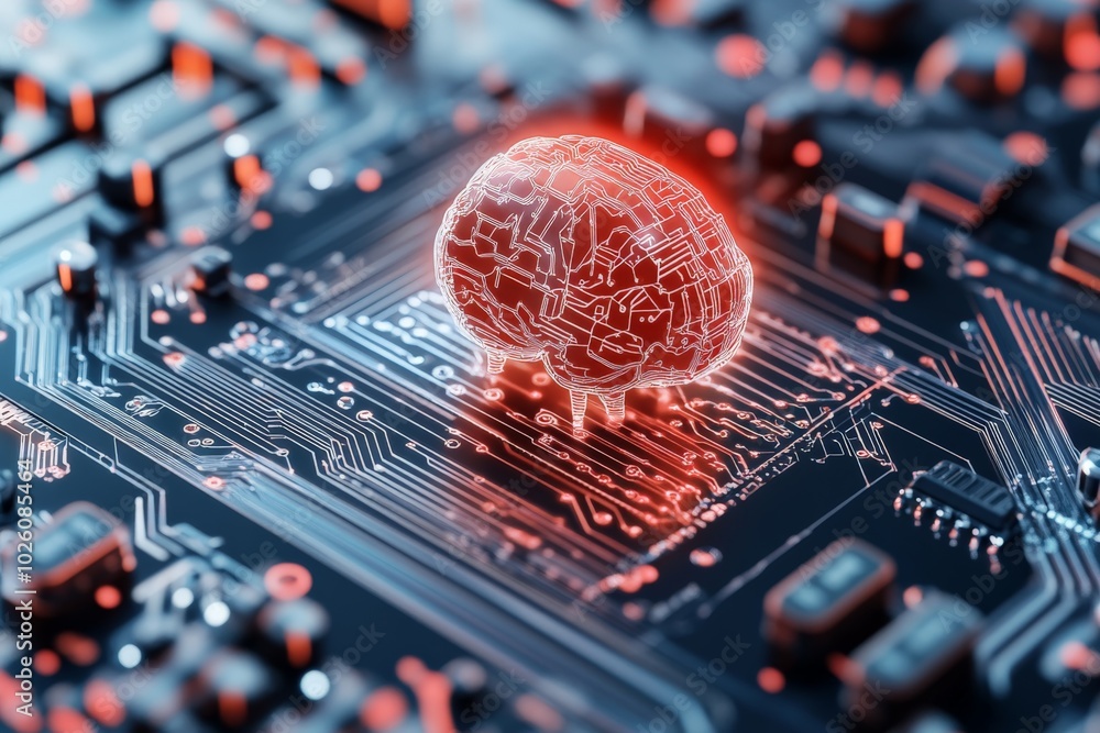 Poster a digital brain hologram glowing on a complex circuit board, symbolizing advanced technology, artifi