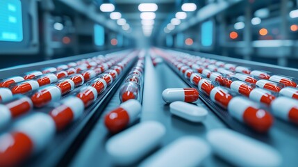 Fototapeta premium Pharmaceutical Production Line with Red and White Capsules