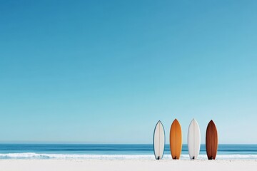 A calm beach with four colored surfboards standing upright on the sand, their shadows casting softly on the pristine shoreline under a clear blue sky, inviting adventure.