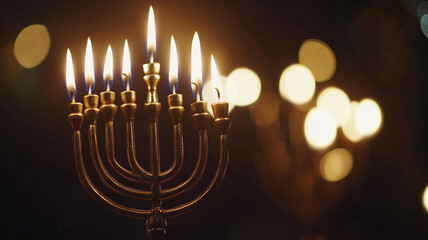Fototapeta premium Celebrating Hanukkah with a lit menorah, surrounded by warm candlelight during the festival