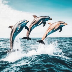 Fototapeta premium Dolphins Jumping Out of the Ocean in Bright Blue Waters