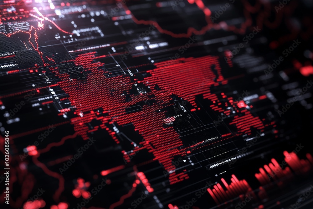Poster an abstract digital representation of world geography using red data points, capturing the essence o