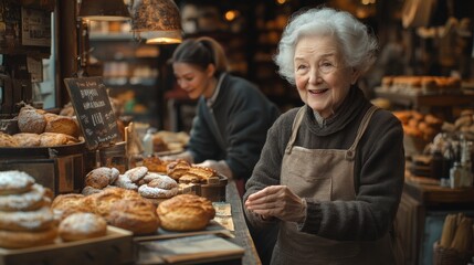 Woman in a bakery with a smile on her face. She is surrounded by various baked goods, including bread and pastries. old lady talking and laughing with a baker's shop assistant