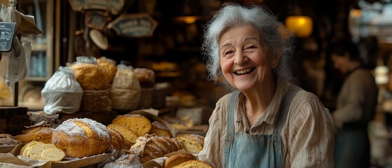 Woman in a bakery with a smile on her face. She is surrounded by various baked goods, including bread and pastries. old lady talking and laughing with a baker's shop assistant
