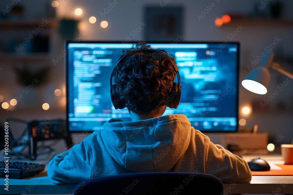 Poster a young programmer working intensely on code in a warmly-lit room, capturing the essence of modern t
