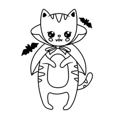 Children's Halloween coloring page with a kawaii cat dressed as Dracula in line art style