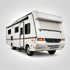 Lovely modern white modern motorhome on grey background, 3/4 view, with emphasis on details.Leisure and car travel concept 