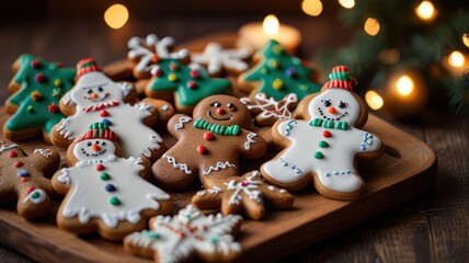 A close-up shot of assorted decorated gingerbread cookies, including snowmen and gingerbread men, on a wooden board against a warm, festive background.