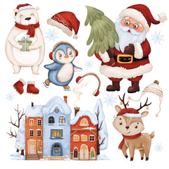 Christmas set with cute Santa Claus with Christmas tree, polar bear in scarf, deer, penguin and winter houses, isolated on white. Watercolor Christmas set with winter animals and Santa