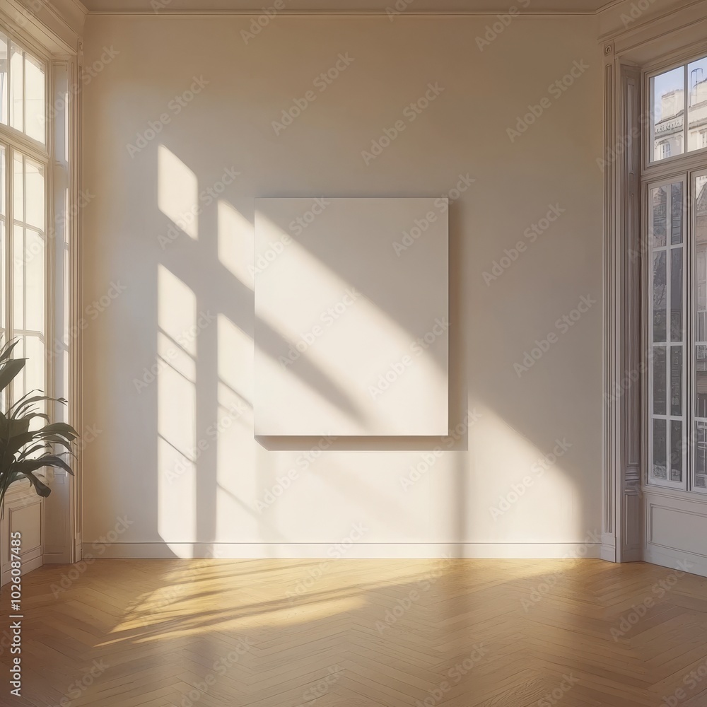 Poster a minimalist room with a large blank canvas bathed in sunlight, streaming through big windows, creat
