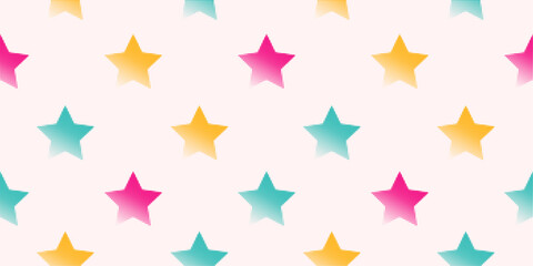 Fototapeta premium Seamless pattern with halftone bright stars in pink, blue, yellow colors. Retro dotted vintage backdrop for textile, wrapping paper, fabric, background, wallpaper, cover, print design. Vector